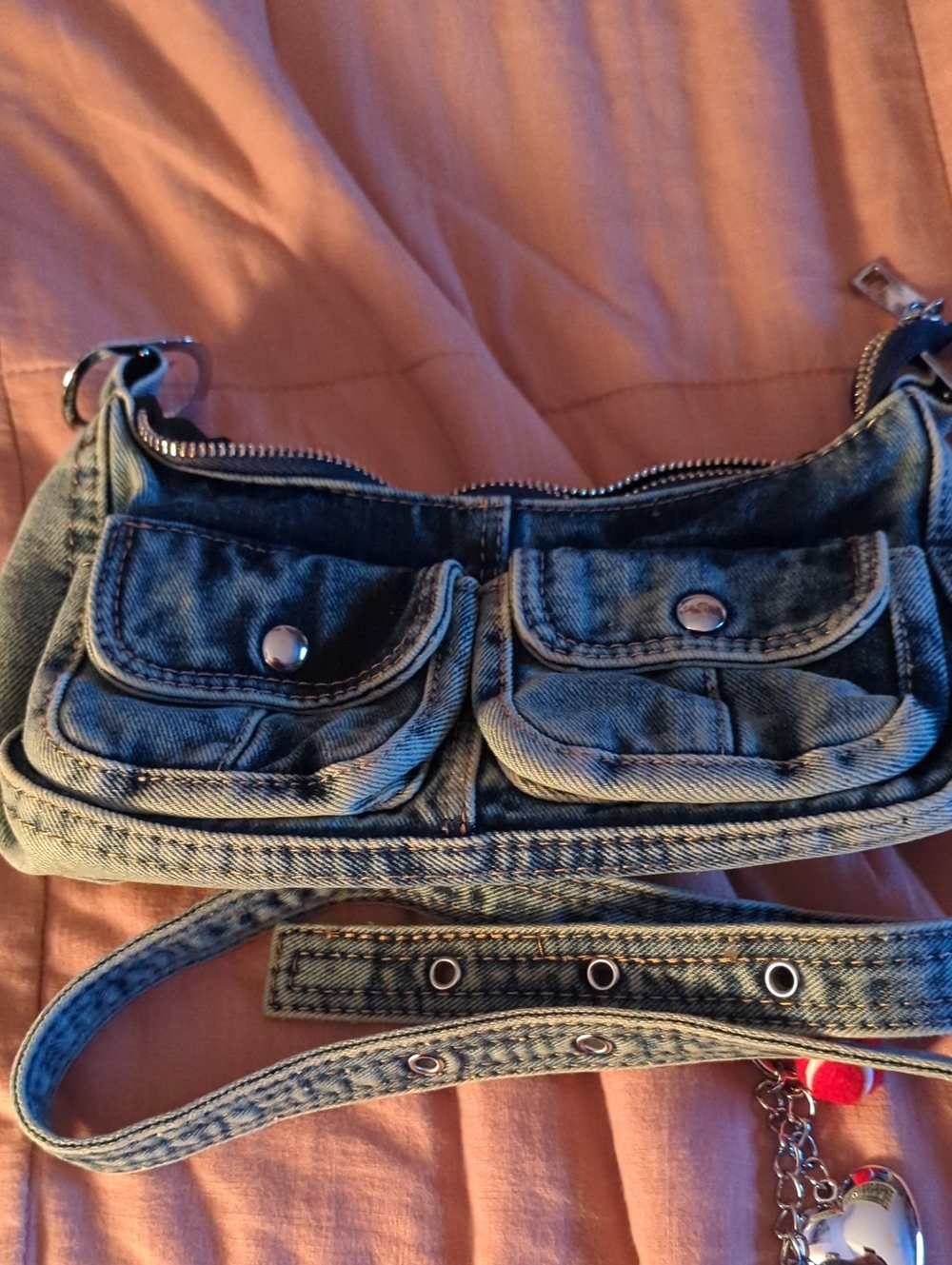 Denim Mini Shoulder Bag with Front Pockets